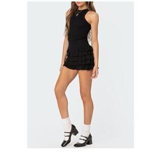 Edikted Margot Black Ribbed Ruffle Hem Mini Dress Size M